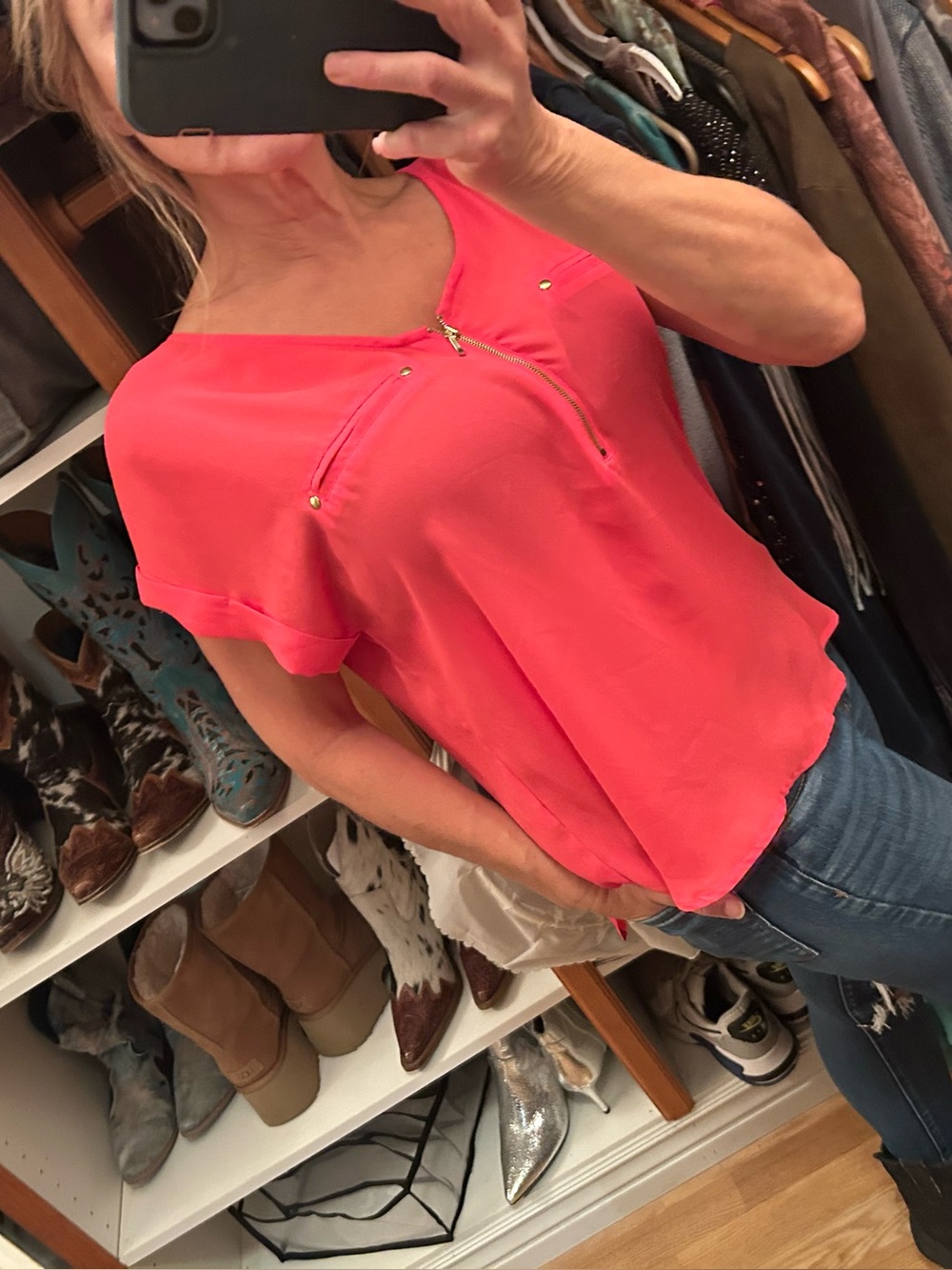Apt. 9 Hot Pink Short Sleeve Zip-Front Blouse